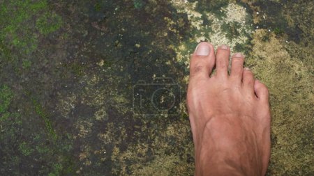 Téléchargez les photos : Pied masculin nu debout sur le sol mousseux - en image libre de droit