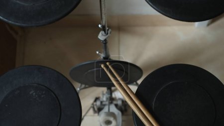 Photo for Set of drum practice pads and wooden drum sticks - Royalty Free Image
