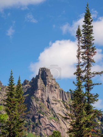 Magnifique vue sur une belle roche avec des conifères sous le ciel bleu. Une falaise pointée, une montagne brumeuse. Vue verticale. 