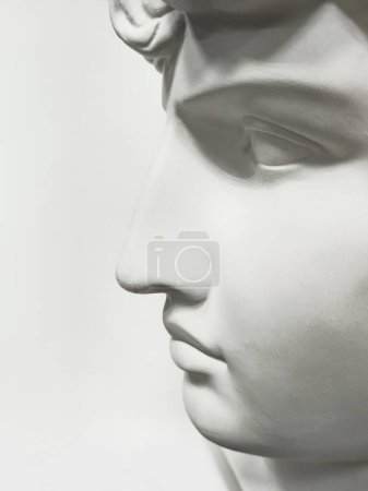 Gypsum profile Antinous. Nose, mouth, eye on a light gray background, side view. Close-up of a humanoid face. Grey abstract male nose. Vertical view.
