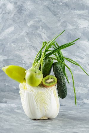 Balancing Food Concept with Green Fruits and Vegetables, Levitation Healthy Food