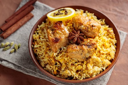 Indisches Gewürzhuhn Biryani mit Sternanis, Zimtstangen und Zitrone, trendiges indisches und pakistanisches Essen