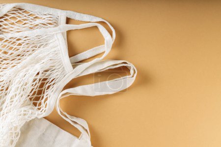 Cotton and String Bags on Beige Background, Sustainable Zero Waste Lifestyle Concept