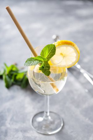 Hugo Spritz Cocktail in Glass Garnished with Mint and Lemon, Cold Refreshing Summer Alcoholic Drink