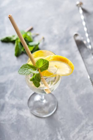 Hugo Spritz Cocktail with Elderflower and Lemon on Gray Background, Trendy Spritz Drink