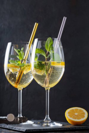 Trendy Holunderblüten Hugo Spritz Cocktail mit Zitronenscheibe und Minze