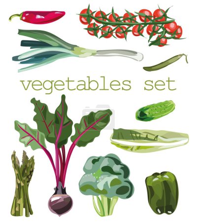 Ilustración de Iconos de verduras vectoriales establecidos en estilo de dibujos animados. Colección de productos agrícolas para menú de restaurante, etiqueta de mercado. - Imagen libre de derechos