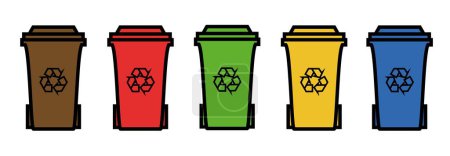 Illustration for Different colored trash cans with paper, plastic, glass and organic waste suitable for recycling. White background. Vector illustration. flat style. - Royalty Free Image