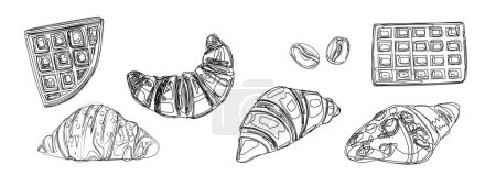 Illustration for Croissant, waffles and coffee beans black and white sketch. Pastry isolated on white background. Illustration for the design of menus, showcases and packages, etc. - Royalty Free Image