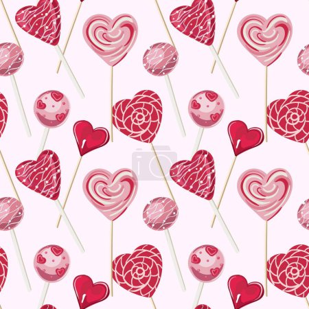 Heart-shaped lollipops seamless pattern. For valentine s day. Pattern for Wrapping paper, postcards, textiles, wallpapers, fabrics and etc. Cartoon style, vector illustration.