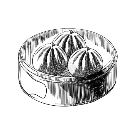 Illustration for Baozi Mantou Momo Khinkali. Asian traditional food dumplings in bamboo steamer. Vector icon with chinese food steamed dumplings, buns. Black and white graphics. - Royalty Free Image