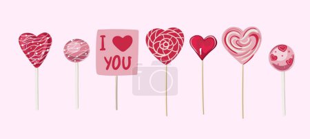 Illustration for Lollipops for Valentine s Day, Lollipop in heart shape, spiral and round candies in transparent plastic pack isolated. - Royalty Free Image