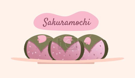 Illustration for Sakuramochi - Japanese rice cake wrapped in a pickled cherry blossom, sakura leaf. Vector illustration, cartoon style. - Royalty Free Image