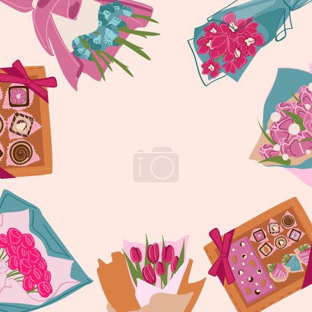 Téléchargez les illustrations : Background with bouquets of flowers, Valentines Day, Women s Day, Mother s Day design in flat style. Festive background, banner, greeting card, and flyer, Vector illustration. - en licence libre de droit