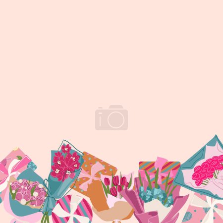 Téléchargez les illustrations : Background with bouquets of flowers, Valentines Day, Women s Day, Mother s Day design in flat style. Festive background, banner, greeting card, and flyer, Vector illustration. - en licence libre de droit