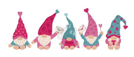 Ilustración de Valentine s day Gnomes set on white background. Scandinavian Nordic Gnome collection. Valentine red dwarf showing hand heart, flowers, and balloon. T shirt design, print, mug. Vector illustration. - Imagen libre de derechos