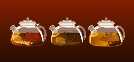 Téléchargez les illustrations : Kettle with the tea set. Exotic green tea with flowers in glass teapot, Vector illustration. - en licence libre de droit