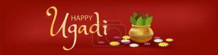 Téléchargez les illustrations : Happy Ugadi avec traditionnelle pour l'Inde, Nouvel An Festival Ugadi isolé fond rouge. - en licence libre de droit