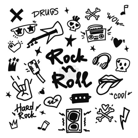 Rock n roll, ensemble de doodle de musique punk. Graffiti, tatouage main dessinée autocollant, texte, crâne, coeur, patin, geste main. Illustration vectorielle Grunge rock.