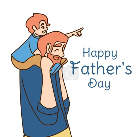 Tarjeta de felicitación del día del Padre Feliz. Papá sostiene al hijo sobre sus hombros. Personajes de dibujos animados alegres. Ilustración vectorial.