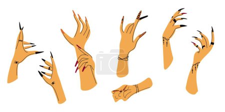 Illustration for Witch hands with black nails, and rings. Boho style. Flat illustration. Vector - Royalty Free Image