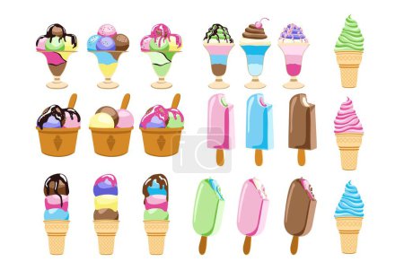 Téléchargez les illustrations : Collection de diverses icônes de crème glacée multicolore. Illustration vectorielle isolée sur fond blanc
. - en licence libre de droit