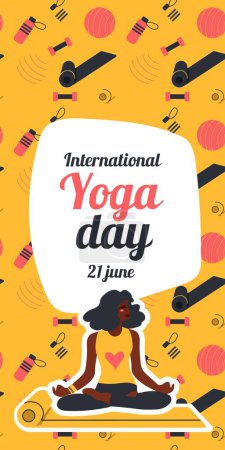 Illustration for International Yoga Day. African american woman doing yoga exercises. Flat vector illustration. Vertical banners and wallpaper for social media stories - Royalty Free Image