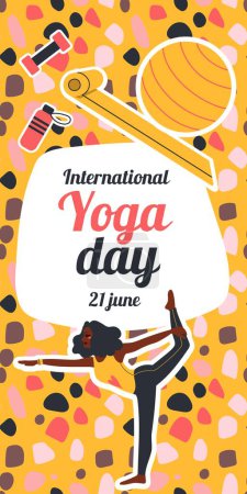 Illustration for International Yoga Day. African american woman doing yoga exercises. Flat vector illustration. Vertical banners and wallpaper for social media stories - Royalty Free Image