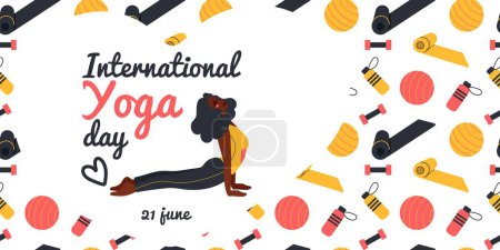 Illustration for International Yoga Day. African american woman doing yoga exercises. Flat vector illustration. - Royalty Free Image