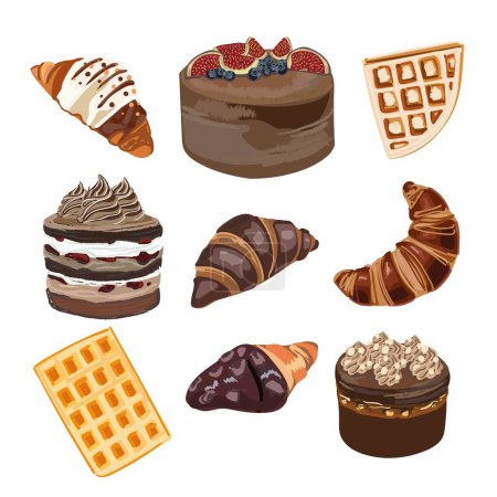 Illustration for A set of cakes, croissants, and waffles. Design elements for the d cor menu, confectionery, website, etc. Vector illustration, Cartoon style - Royalty Free Image