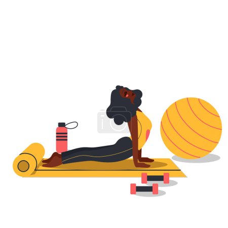 Illustration for African american woman doing yoga exercises. Happy person practicing stretching workout, training on mat indoors. Fashion illustration by femininity, beauty, and mental health. Feminine cartoon illustration. Flat vector illustration isolated on white - Royalty Free Image