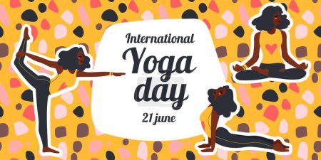 Illustration for International Yoga Day. African american woman doing yoga exercises. Flat vector illustration. - Royalty Free Image