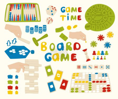 Board Games for Whole Family Collection. Colorful Vector Doodle Illustration of different Games. Home Entertainment Design Elements. Vector.