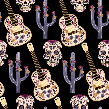 Day of the Dead seamless background. Guitar, skull and cactus. Vector illustration. Good for textile, fabric, wrapping paper.