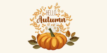 Illustration for Hello autumn banner with autumn dessert. The banner can be used for seasonal greetings and invitations to autumn events such as festivals, Cafe and bakery advertising, Decor for restaurants and culinary events, Autumn-themed home decor - Royalty Free Image