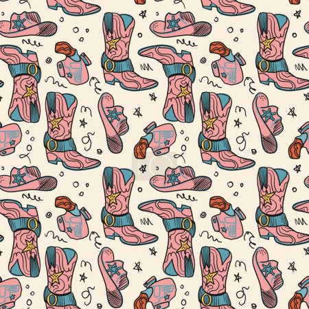 Illustration for Cowgirl western theme, wild west concept seamless pattern. Home decor, Textile design, Wrapping paper, Stationery, Scrapbooking, Digital wallpapers, Website backgrounds. Vector illustration - Royalty Free Image