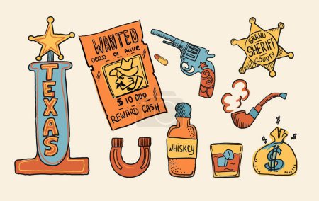 Illustration for Cowboy western theme wild west concept. Includes elements such as a wanted list, a sheriff s badge, a revolver, a horseshoe, alcohol, a bag of days, a smoking pipe and a road sign. Vector. - Royalty Free Image