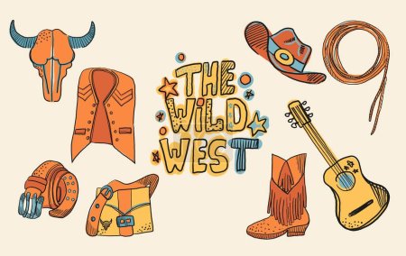 Téléchargez les illustrations : Cowboy western thème wild west concept. Comprend des éléments tels qu'un crâne de taureau, une ceinture, une guitare, une perte, un chapeau, une chaussure, une guitare, un sac et un gilet. Vecteur. - en licence libre de droit