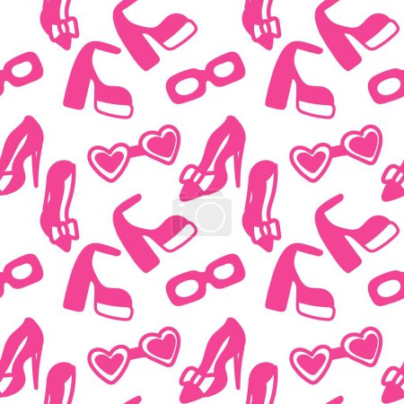 Illustration for Barbiecore seamless background. Vector, flat style. Shoes and glasses. Can be used for creating trendy and stylish designs with a Barbiecore theme, perfect for fashion-related projects, stationery, and social media graphics - Royalty Free Image