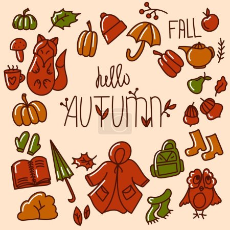 Illustration for Vibrant autumn doodle illustration featuring colorful leaves, pumpkins, and acorns on a clean white background. Perfect for adding seasonal charm to your designs and creative projects. Vector format for easy customization. - Royalty Free Image