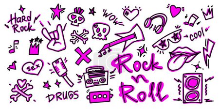 Rock n roll, punk music doodle set. Graffiti, tattoo hand drew sticker, text, skull, heart, skate, gesture hand. Grunge rock vector illustration.