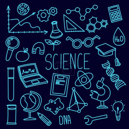Wissenschaftskritzelillustration. Vektor. Kann für Unterrichtsmaterialien, Präsentationen oder naturwissenschaftliche Designs verwendet werden, um Schüler und Lernende neugierig zu machen.