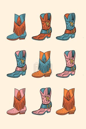 Illustration for Set of illustration of cowboy boots in vintage style. Design elements for logo, emblem, sign, poster, card, and banner. Vector illustration - Royalty Free Image