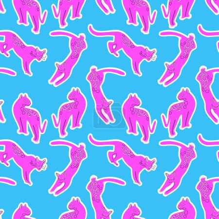 Illustration for Pink leopard on a blue background. Tropical seamless pattern. Vector. Can be used for fashion, accessories, home decor, and various printed materials with a touch of exotic allure - Royalty Free Image