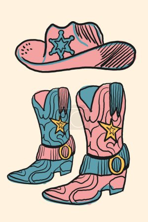 Illustration for Set of illustration of cowboy boots in vintage style. Design elements for logo, emblem, sign, poster, card, and banner. Vector illustration - Royalty Free Image
