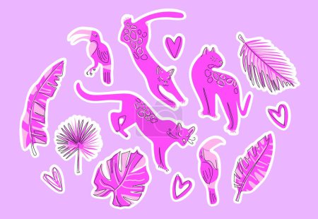 Illustration for A set of tropical leaves and leopards. Pink tropical elements. Vector. Can be used for stationery, apparel, home decor, and accessories, with a trendy and exotic touch - Royalty Free Image