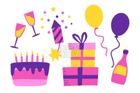 Téléchargez les illustrations : Ensemble d'anniversaire. Gâteau d'anniversaire, boules, champagne, verres et feux d'artifice Vector Style plat - en licence libre de droit