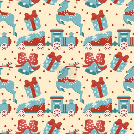 Illustration for Christmas seamless pattern. Reindeer, gifts, train, and bells. Vector, flat style. Perfect for textile wallpaper or print design - Royalty Free Image