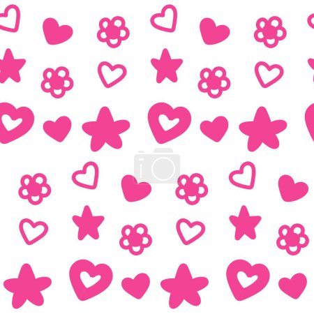 Illustration for Barbiecore elements seamless pattern. Pink flat illustration featuring flowers, hearts, and stars in a repeating pattern. Vector illustration suitable for trendy and girly design projects. - Royalty Free Image