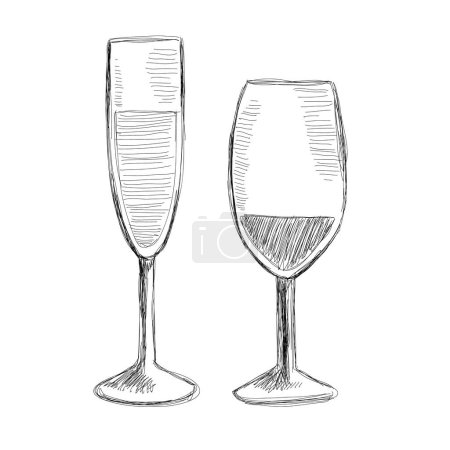Téléchargez les illustrations : Verre à vin sur fond blanc. Croquis noir et blanc. Vecteur. - en licence libre de droit
